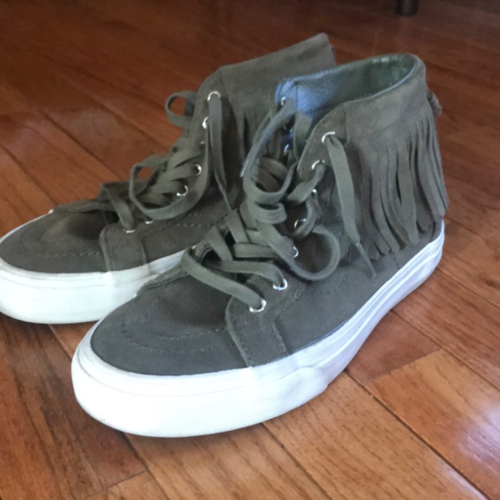Olive green SK-8 Hi Moc fringe vans